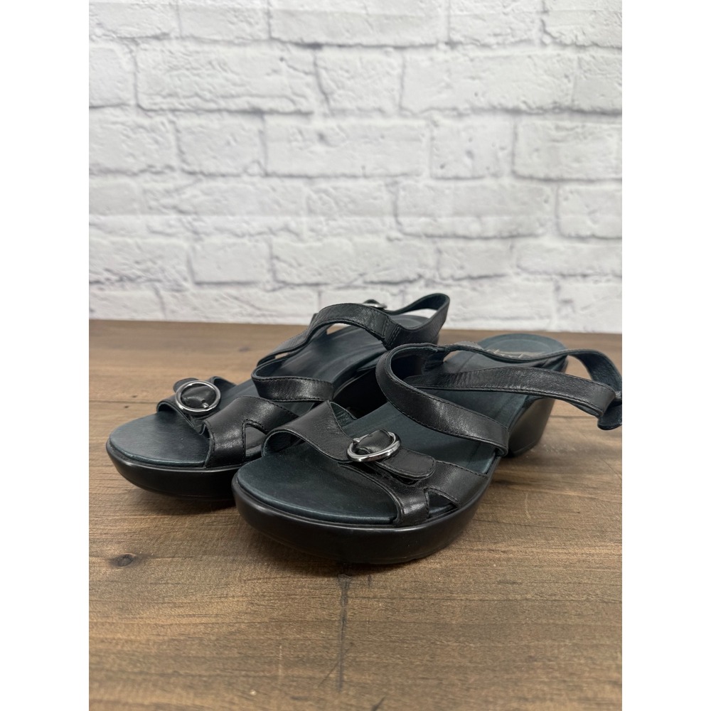 Dansko Black Leather Strappy Wedge Sandals Buckle Comfort Shoes Womens Size 38 - Picture 2 of 12
